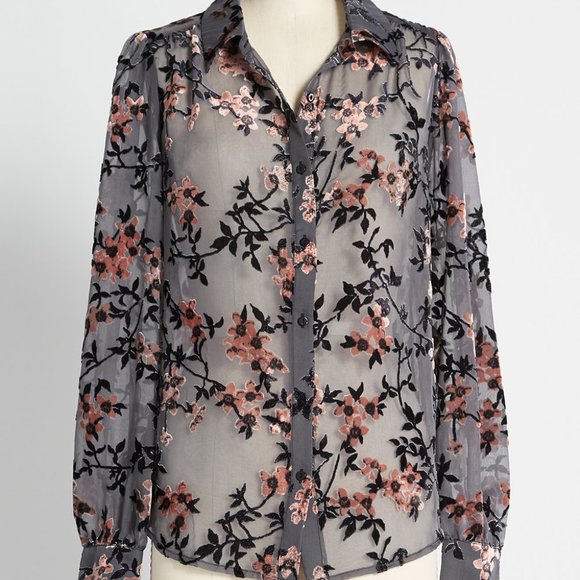 Modcloth Tops - Gray Cherry Blossom Sheer Velvet Puff-Sleeve Button Down Blouse